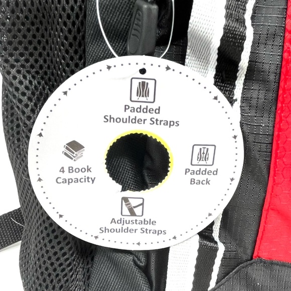 NEW Red Black Nylon Canvas Backpack 16” Reflective 3 Zippered Pockets - Picture 3 of 4